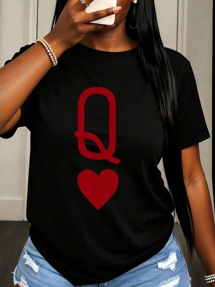 Queen Of Hearts Q Heart Graphic T Shirt Women Casual Summer Top White Red Design Fashion Statement Tee Cute Gift Idea For Her
