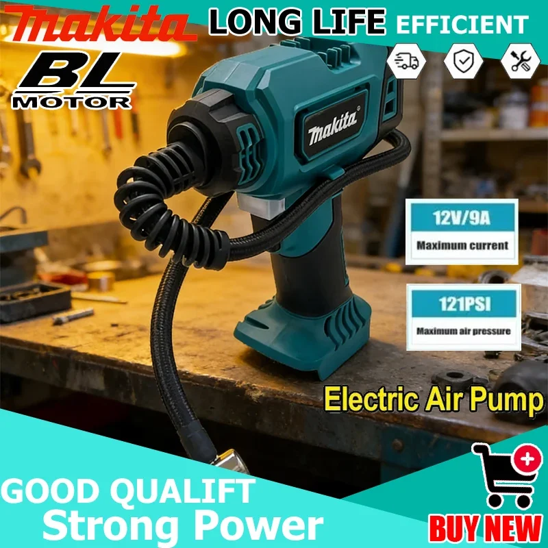 

Автоматический беспроводной электрический насос Makita для накачивания шин, портативный воздушный компрессор для автомобильных/грузовых шин, работает от аккумулятора 18В.