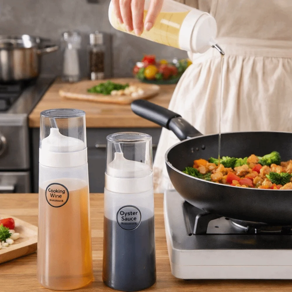 

Detachable Plastic Condiment Squeeze Bottle Leak-Proof Reusable Oil Dispenser with Lid Food-Grade Vinegar Bottle Kitchen Use