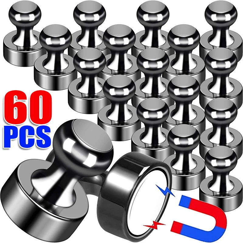 Mini alfinetes magnéticos de neodímio fortes, 60-2 peças, ganchos de armazenamento, casa, cozinha, geladeira, quadro branco, ventosa, metal, cabide de parede