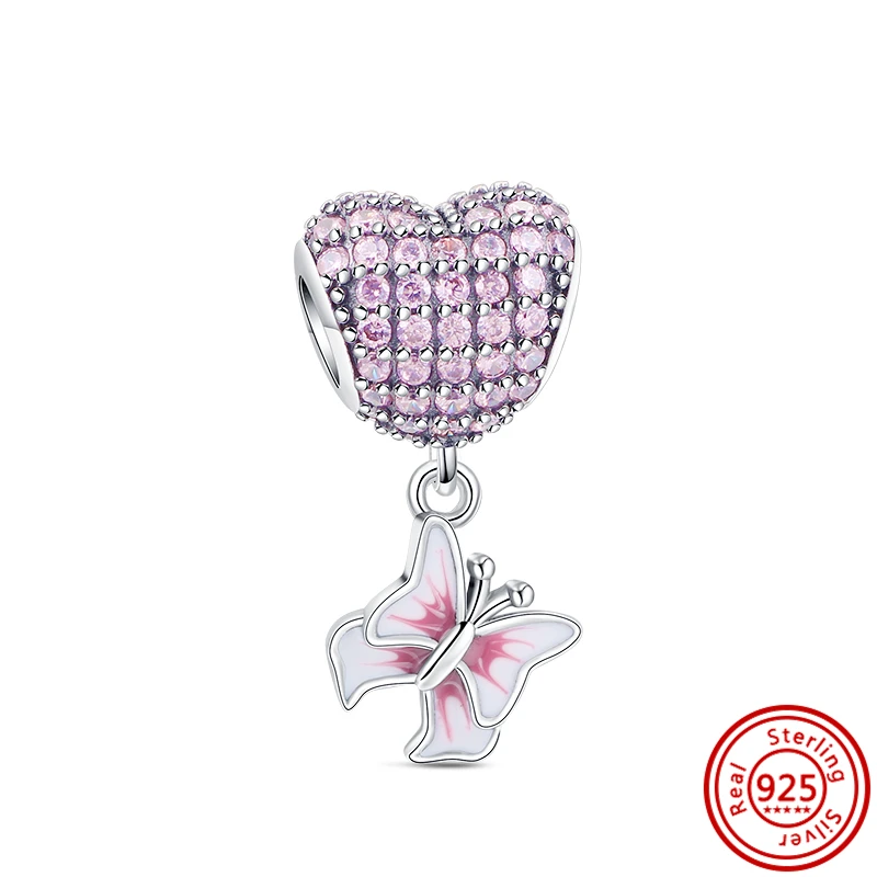 925 Silver Pave Pink Zircon Sparkling Pendant Eternal Heart Mom Love Beads Fit Original Pandora Charms Bracelet DIY Fine Jewelry