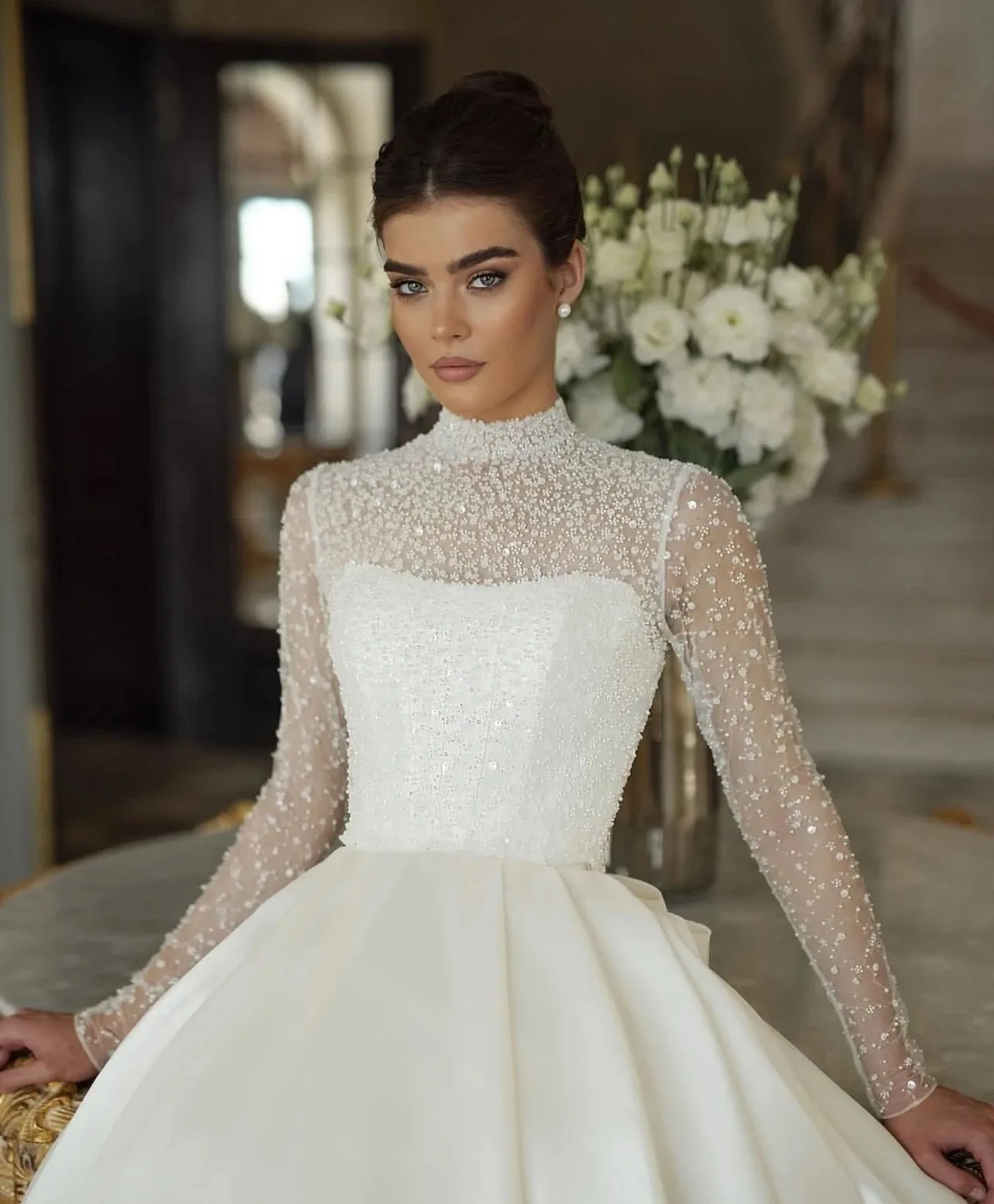 2025 Female A-Line Dress High-Neck Wedding Dress Elegant Bow Puffy Dress Wedding Dress Vestido De Novia  Customization