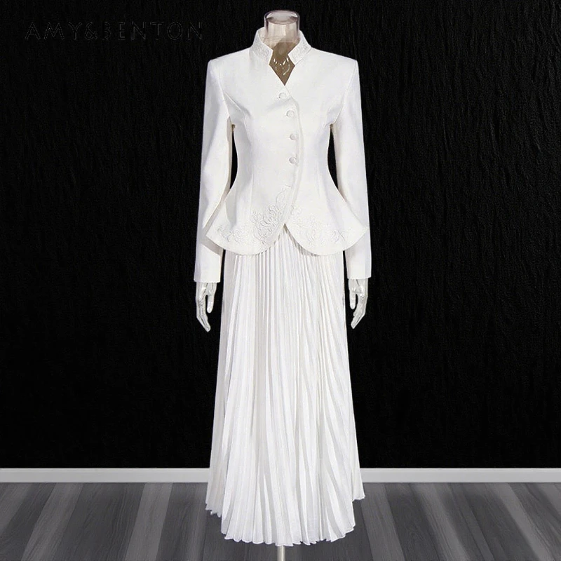 

French Elegant Women's Suit 2026 New Three-dimensional Embroidery Design Jacket High Waist Pleated Long Skirt 2-piece Set Ladies