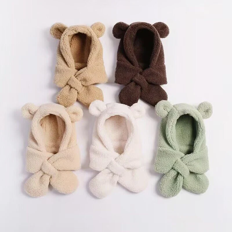 Winter Warm Children Plush Scarf Hat 2-8year Kids Ear Protection Cap Windproof Ski Bonnet Neck Snood Baby Lamb Fleece Beanies 모자