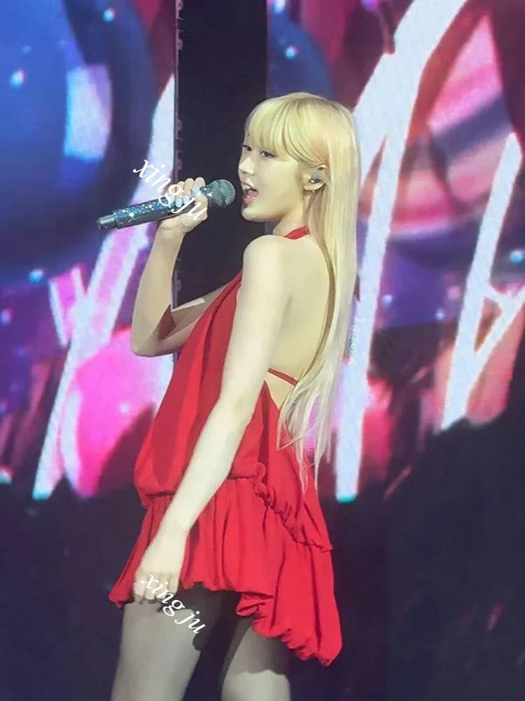Kpop Korean Singer Concert Performance Stage Costume Red Sexy Halter Backless Dress Women  Jazz Dancewear Festival Rave Clothing