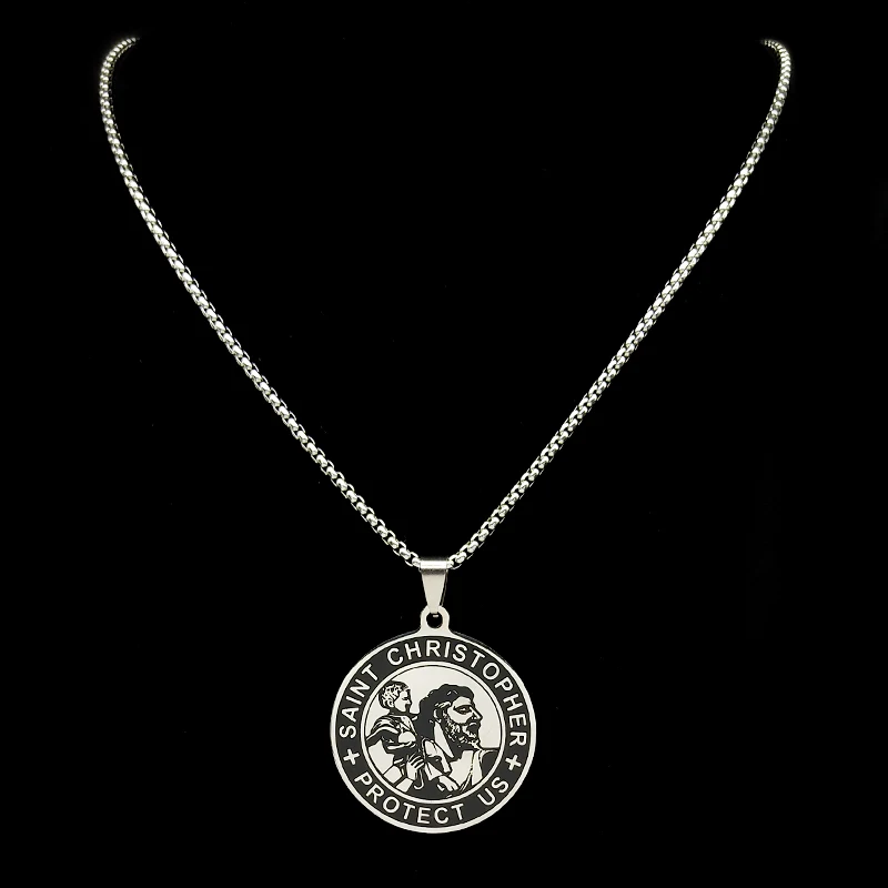 Saint Christopher Protect Us Medal Pendant Necklace for Women Men Stainless Steel Orthodox Angel Catholic Chain Jewelry N2588-9