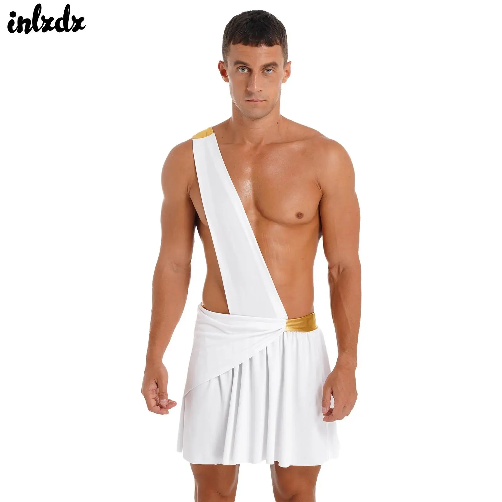 Mens Griekse Gladiator Cosplay Kostuum Oude Griekse God Romeinse Toga Gewaad Een Schouderriem Tailleband Ruffle Kilt Rok Clubwear