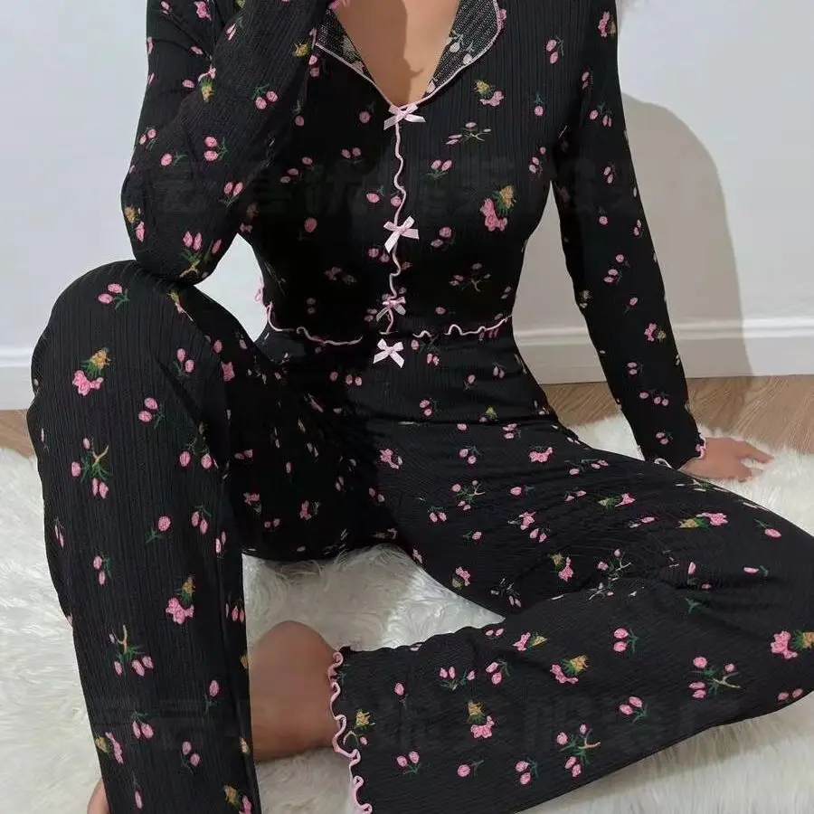 

Korejepo Fashion European American Heart-shaped Printed Long Sleeved Lapel Pajamas Women Outside Long Pants Two-piece Set