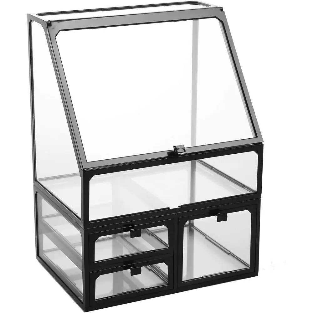 

Black Vintage Glass Cosmetic Makeup Organizer 3 Drawers Set Dust Waterproof Cosmetics Storage Display Case Countertop for Brushe