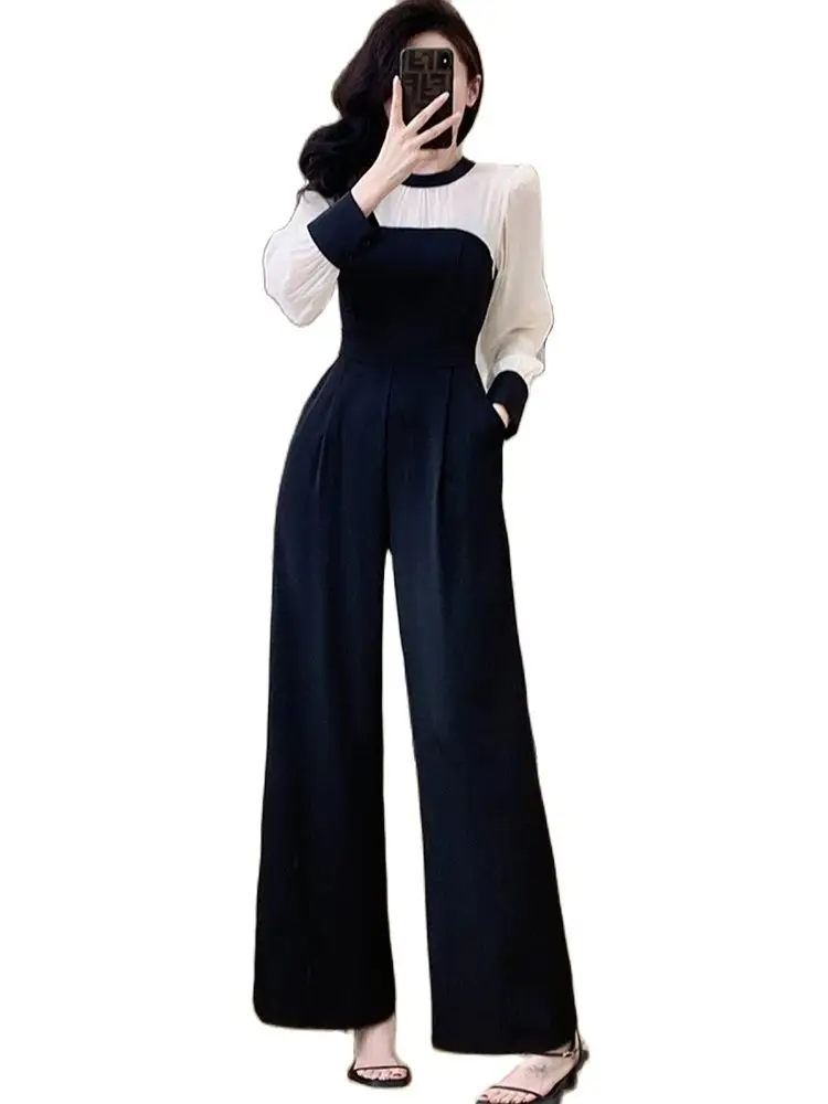 2024 Spring Fashion Elegant Chiffon Splicing Jumpsuits For Women Sweet Back Bow Wide Leg Trousers Casual High Waist Office Lady