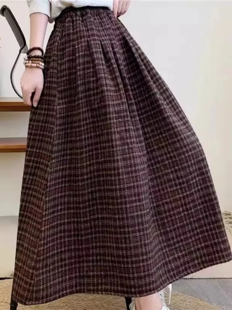 

Толстая шерстяная эластичная клетчатая юбка с высокой талией для женщин, осенне-зимняя художественная длинная юбка трапециевидной формы в стиле ретро w760