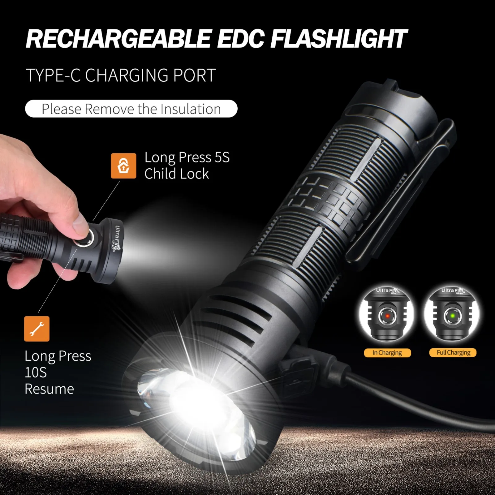 مصباح يدوي تكتيكي UltraFire UF-H7 بقوة 2500 لومن ومدى طويل 643 مترًا ومنفذ USB C قوي 21700 قابل لإعادة الشحن للاستخدام الخارجي EDC مناسب للشرب #3