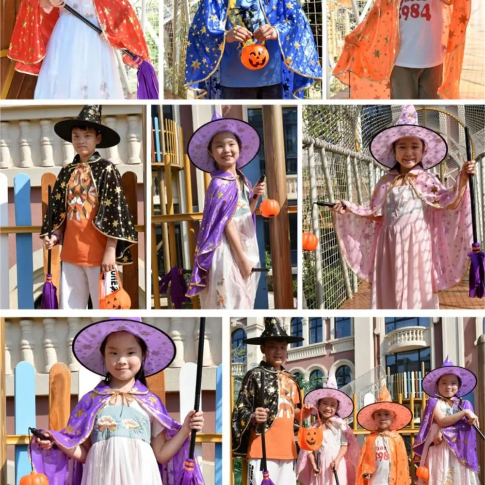Star Witch Cloak Cape with Hat Gilding Magician Outfit Kids Halloween Cloak Sets with Wizard Hat Multicolor Halloween Costumes