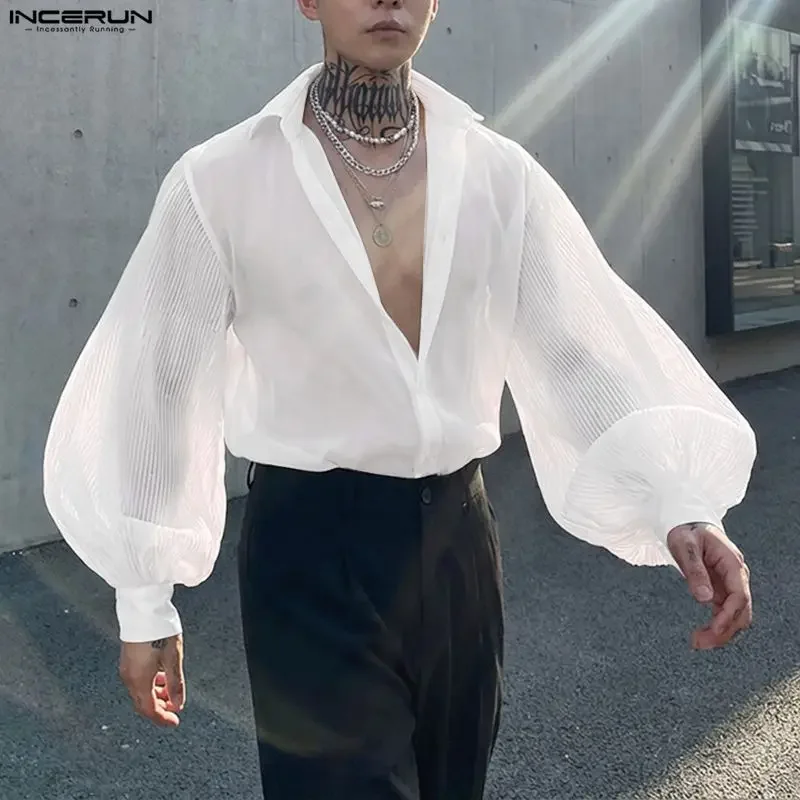 INCERUN Men Shirt Mesh Striped Patchwork Lapel Long Sleeve Men Clothing Loose See Through Streetwear 2026 Casual Fashion Tops