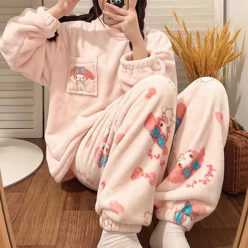 Sanrio Girl Coral Fleece Round Neck Winter Thickening Pajama Set Kawaii My Melody Comic Fashion Student Keep Warm Leisure Wear