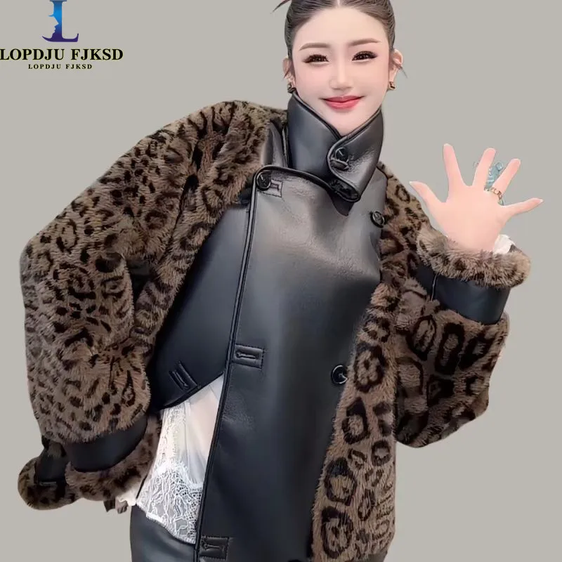 Faux Mink Fur Coat for Women, Double Breasted PU Jacket,Leopard Print Overcoat,Luxury Designer Female Clothes,Spliced,New, Winte