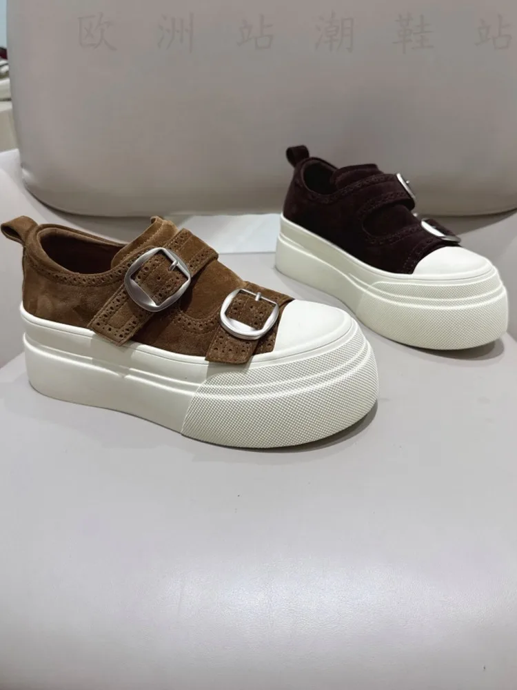 Autumn Ladies Streetwear Buckle Genuine Leather Pumps Footwear Women Lace-Up Round Toe Height Increasing Cow Suede Casual Shoes