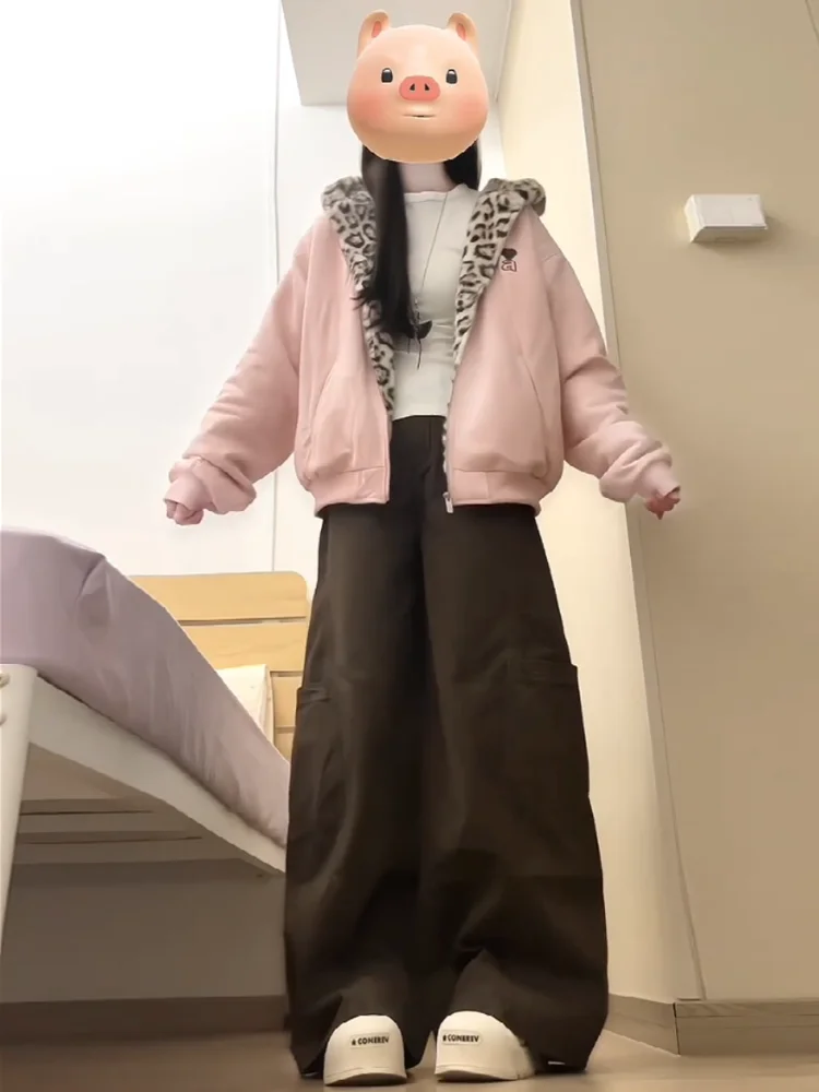 

Retro American Coffee-Colored Wide-Leg Workwear Jeans Women's Autumn Winter Loose Slim Straight Casual Pants High Waist Pocket
