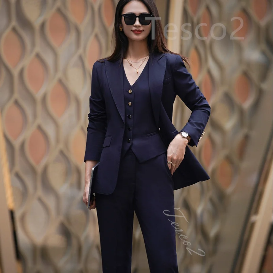 Tesco2 Navy Blue Professional Women\'s Pant Sets Slim Fit Blazer Jacket And Pencil Pants Formal Office Lady Suit Sets 2PCS/3PCS