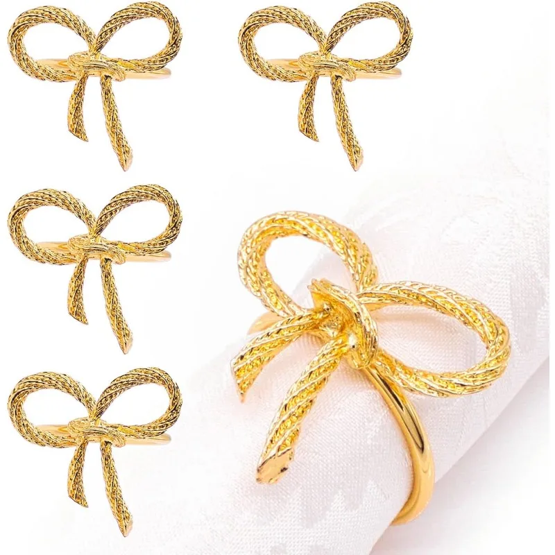 Luxury Metal Bow Napkin Rings Alloy Table Setting Holder Wedding Banquet Dinning Table Decor Reusable Party Dinner Accessories