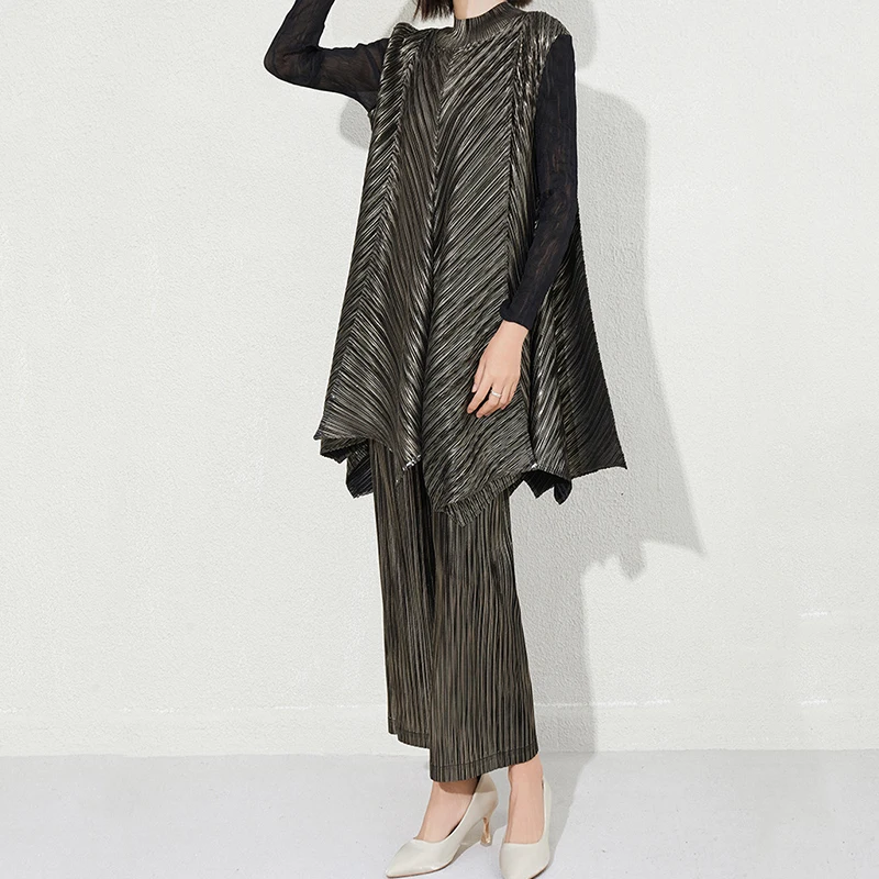 Spring Casual Wrinkle Pants Suit Women Long Sleeves Irregular Pullover Top+high Waist Loose Wide-leg Pants Female Two Piece Set