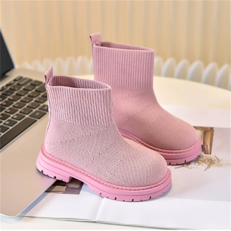 2025 New Autumn Children Boots Breathable Knit Kids Shoes Rubber Sole Ankle Boots For Girls Fashion Toddler Baby Shoes