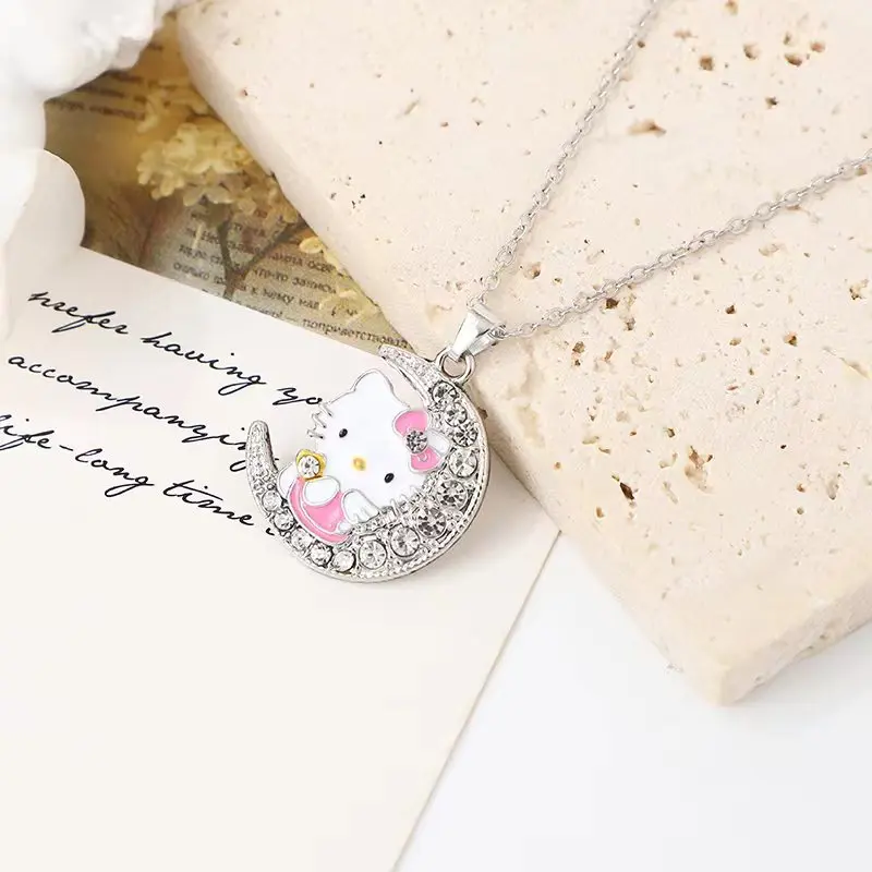 

New Sanrio Hello Kitty Anime Alloy Cute Kawaii Creative Moon Style Kitten Necklace Cartoon Simple Children Pendant Holiday Gift