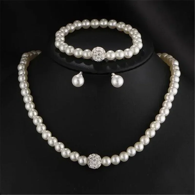 New Imitation Pearl Rhinestone Ball Necklace Earrings Bracelet Three-piece Set For Women Fashionable Accessories Party Jewelry