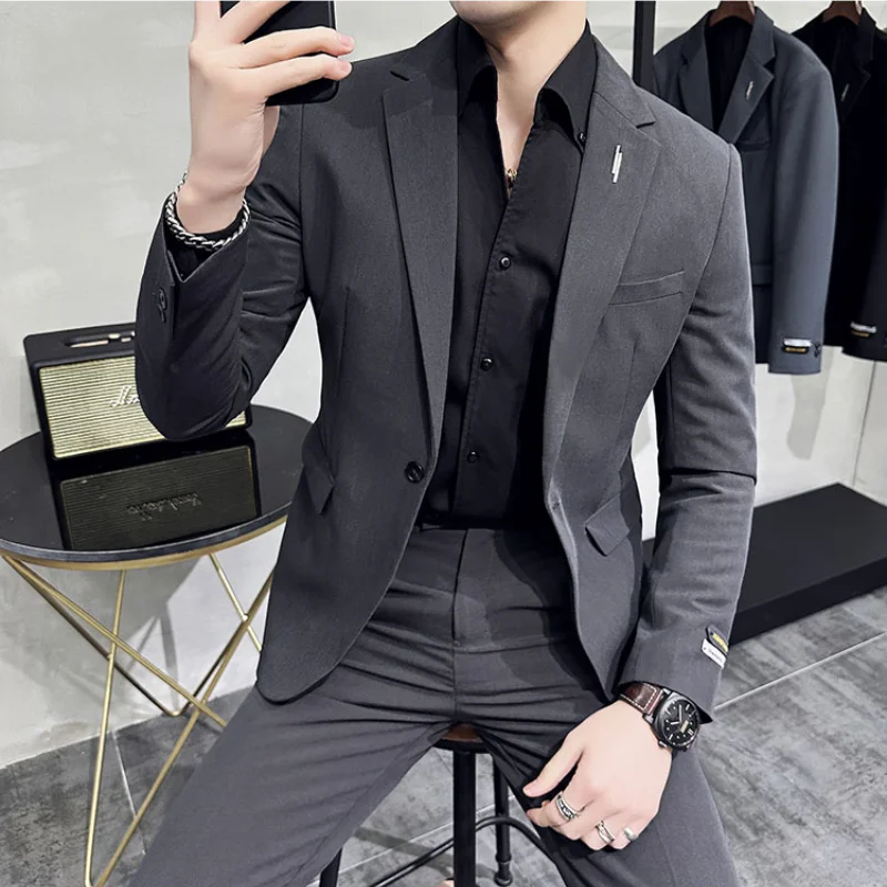 (Jacket+Pant) Handsome Casual Beige 2 Piece Suit For Men Wedding Tuxedos Men Slim Fit Suits Business Party Prom Dress Homme 4XL