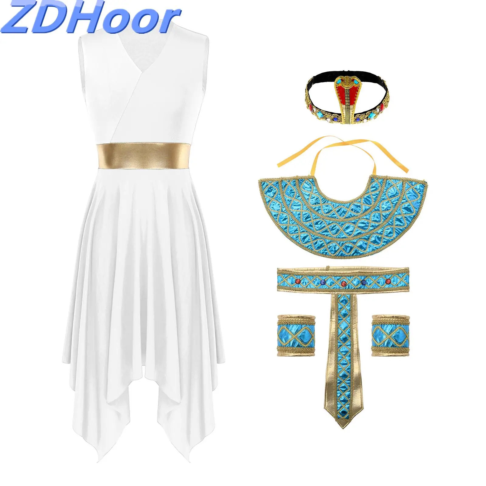 

Women Egyptian Cleopatra Cosplay Costume Set Asymmetric Hem Dress with Collar Belt Wristbands Headwear for Halloween Performance