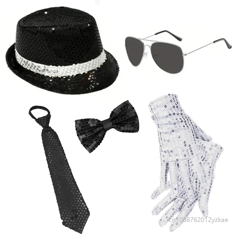 Men 70s Disco Costume Set Sequin Hat Sunglasses Bow Tie Necktie Gloves Halloween Party Cosplay Stage Performance Accessories 6