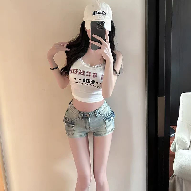 Pantaloncini di jeans di colore chiaro con design multitasche da donna Mini pantaloni a vita alta da ragazza cool Pantaloni caldi sexy estivi femminili