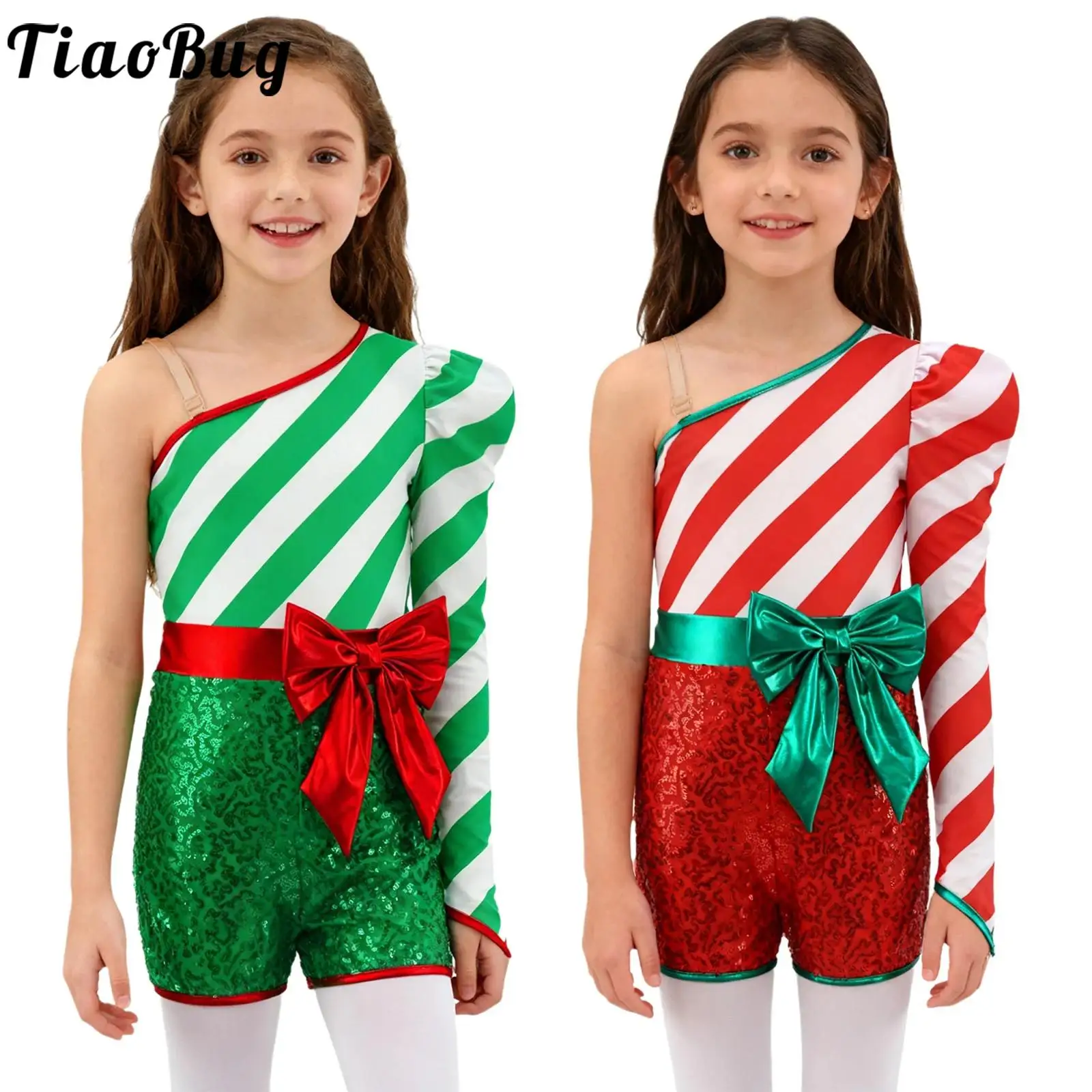 

Girls Christmas Candy Cane Costume Leotards Jazz Ballet Dresses Sequin One Long Sleeve Zipper Bow Jumpsuit for Xmas Performance