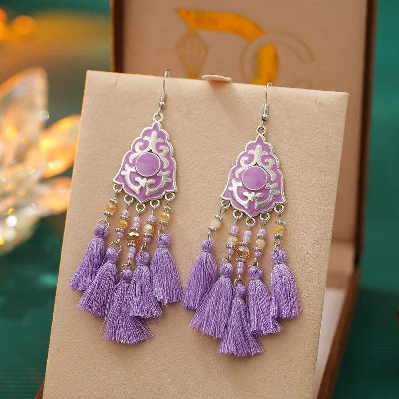 Ethnic Bohemian Tassel Earrings For Women Geometric Enamel Crystal Beads Handmade Long Vintage Female Drop Dangle Earrings Gift