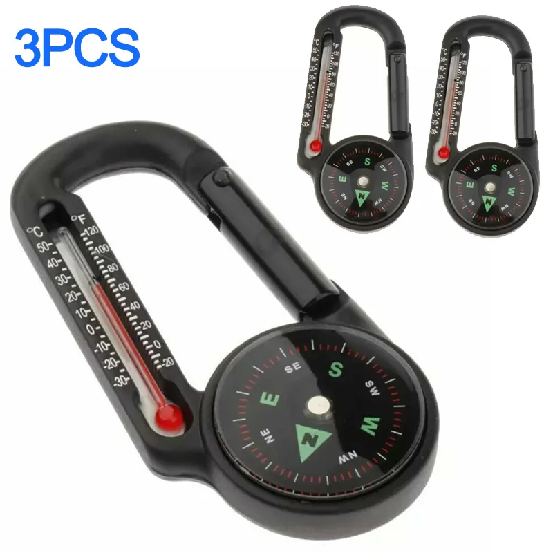 

3pcs Mountaineering Buckle Compass Pointer Mini Keychain Thermometer Compass Key Hook Outdoor Camping Tools Compass Carabiners