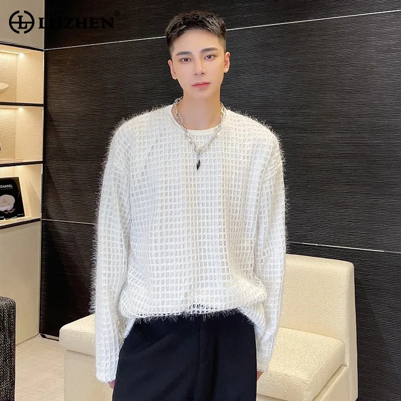 LUZHEN Personalized Mesh Bright Silk Pullovers Sweatshirts Korean Bottom Shirt Versatile Original Solid Color Male Tops LZ6630