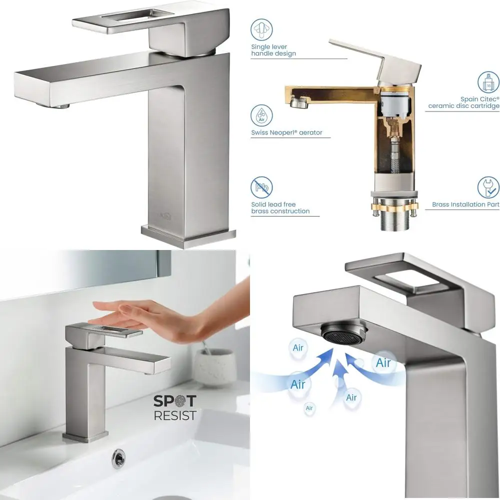 

Solid Brass Single Handle High Arc Cubic Spout Bathroom Sink Faucet in Brushed Nickel - Resistant to Corrosion, Lavatory Faucet