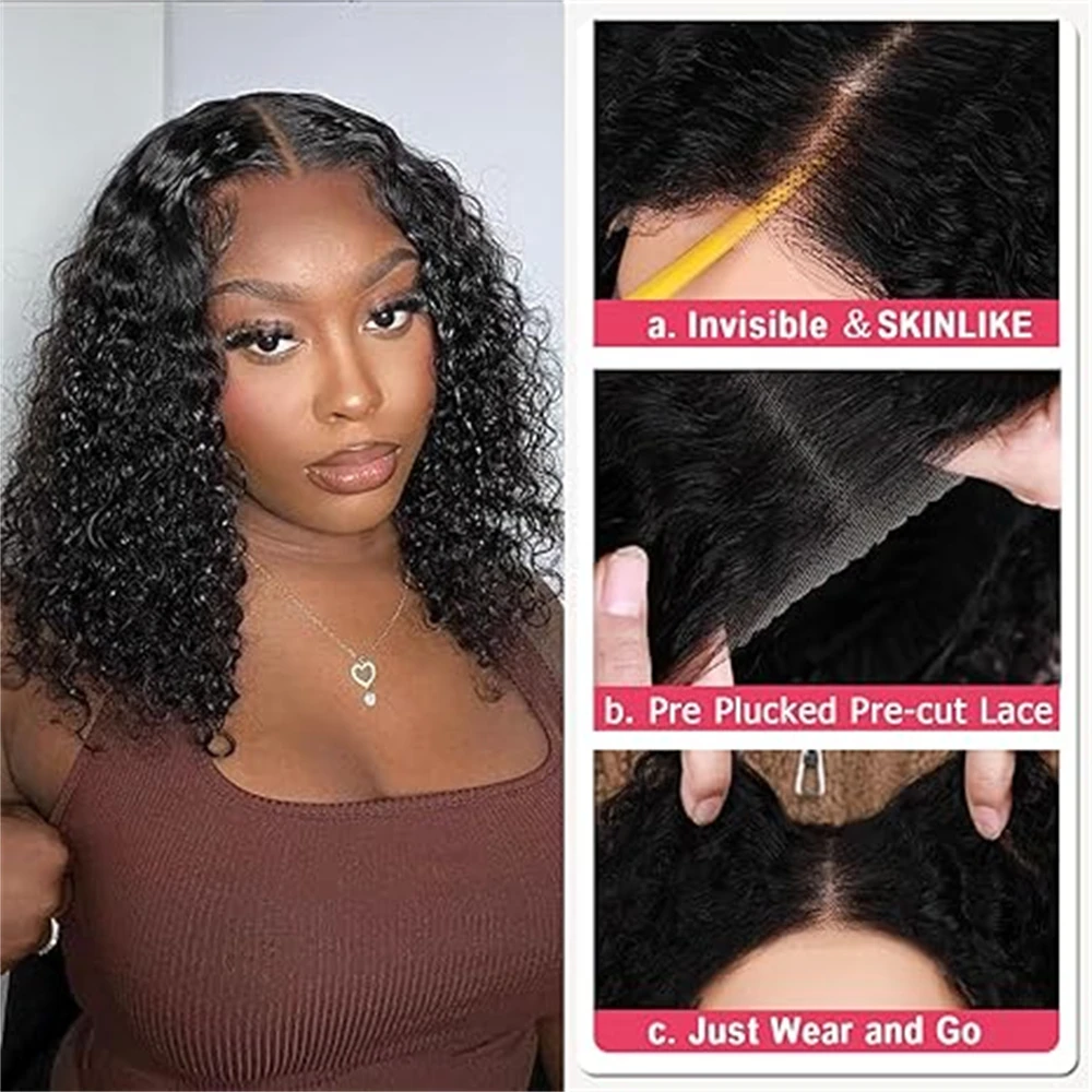 Put On And Go 4x4 Bob Lace Front Wigs 180% Density Kinky Curly Pre Cut 4x4 Lace Closure Wig Kinky Curly Glueless Wigs