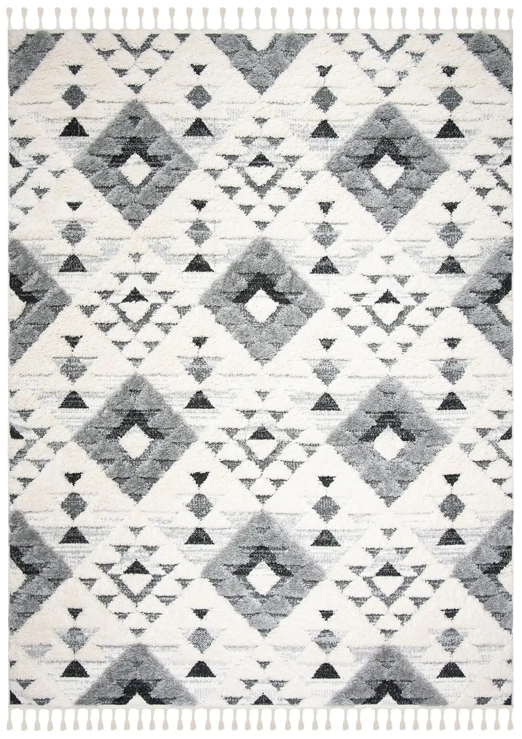 Moroccan Tassel Shag Area Rug 9x12 Ivory & Grey, Non-Shedding Plush High-Low Texture, Living Room Bedroom Dining, Customized