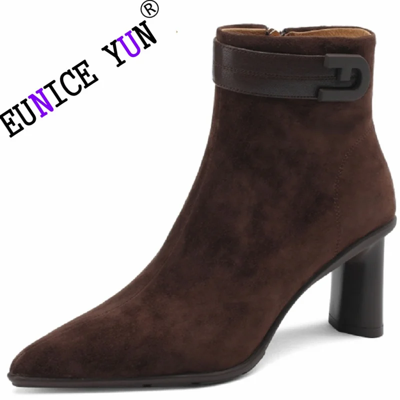 

【EUNICE YUN】Brand Genuine Leather Pointed Toe Zipper Comfortable Women Shoes Autumn Winter High Heel Shoes Ankle Boots