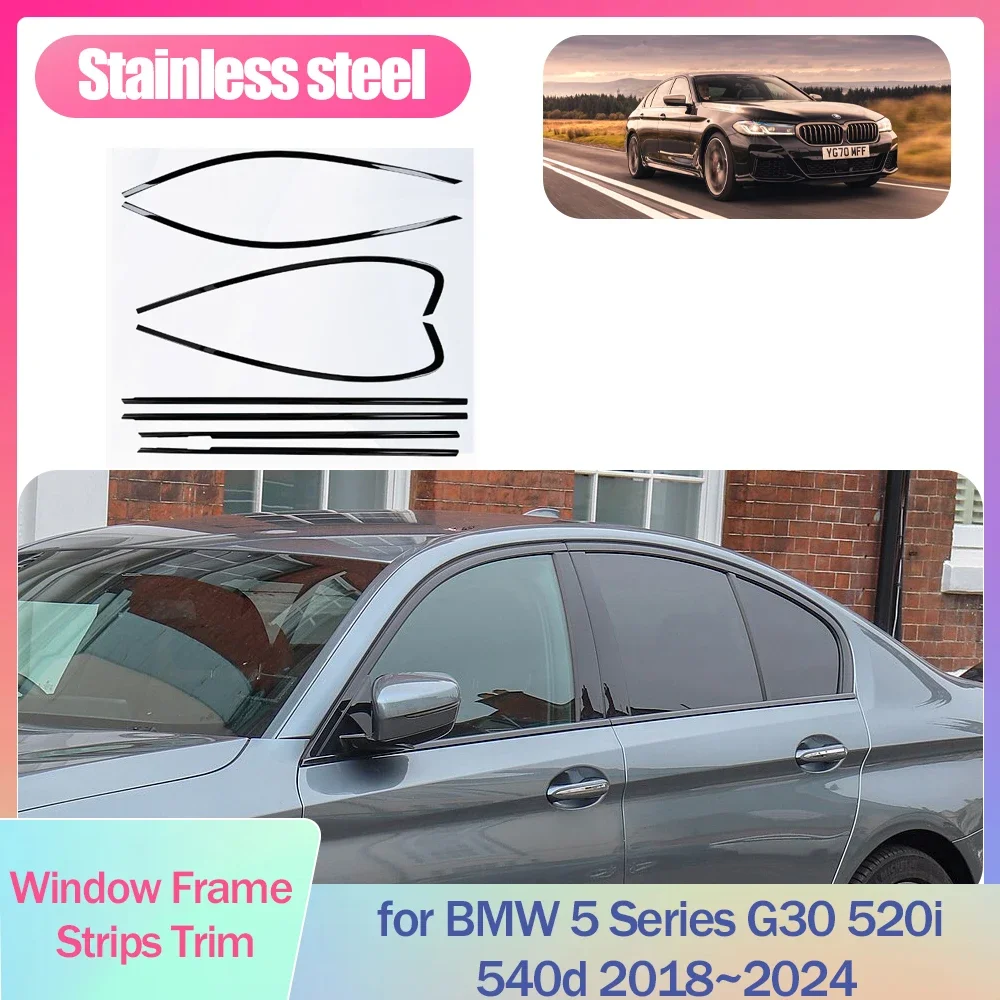 Window Frame Strips Trim for BMW 5 Series G30 520i 540d 2018~2024 Cover Black Silver Stainless Steel Sticke Styling Accessories