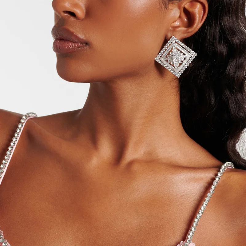 New square earrings women's simple rhinestone flash earrings niche versatile accessories earrings