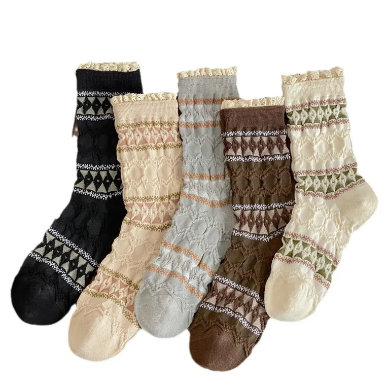 5 Pairs Autumn Winter Retro Color Lace Color Matching Literary Lady Wind Relief Pattern Medium Tube Stacking Socks Women Cotton