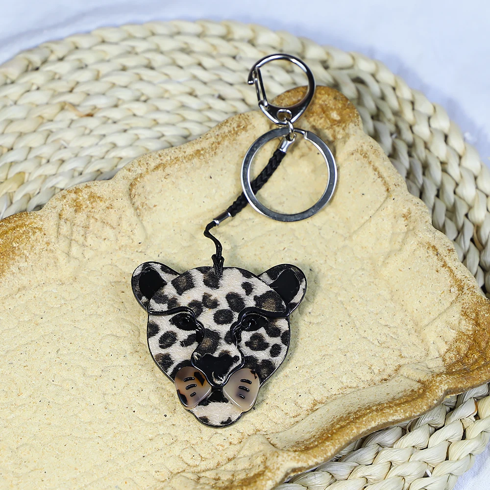 Handmade Arcylic Keychain Vivid Animal Leopard Stainless Steel Key Ring Key Chain for Women Girl Gifts Jewelry Bag Accessories