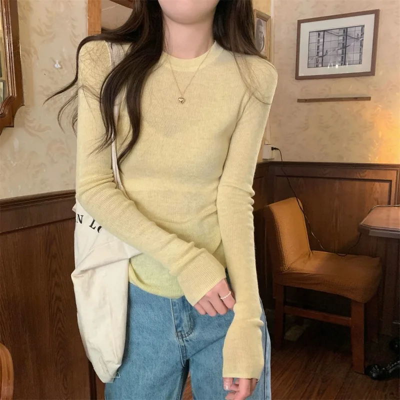 

Spring Summer Women's Solid Color Minimalist Commute Round Neck Knitted 2024 New Thin Long Sleeve All-match Casual T-Shirts Tops