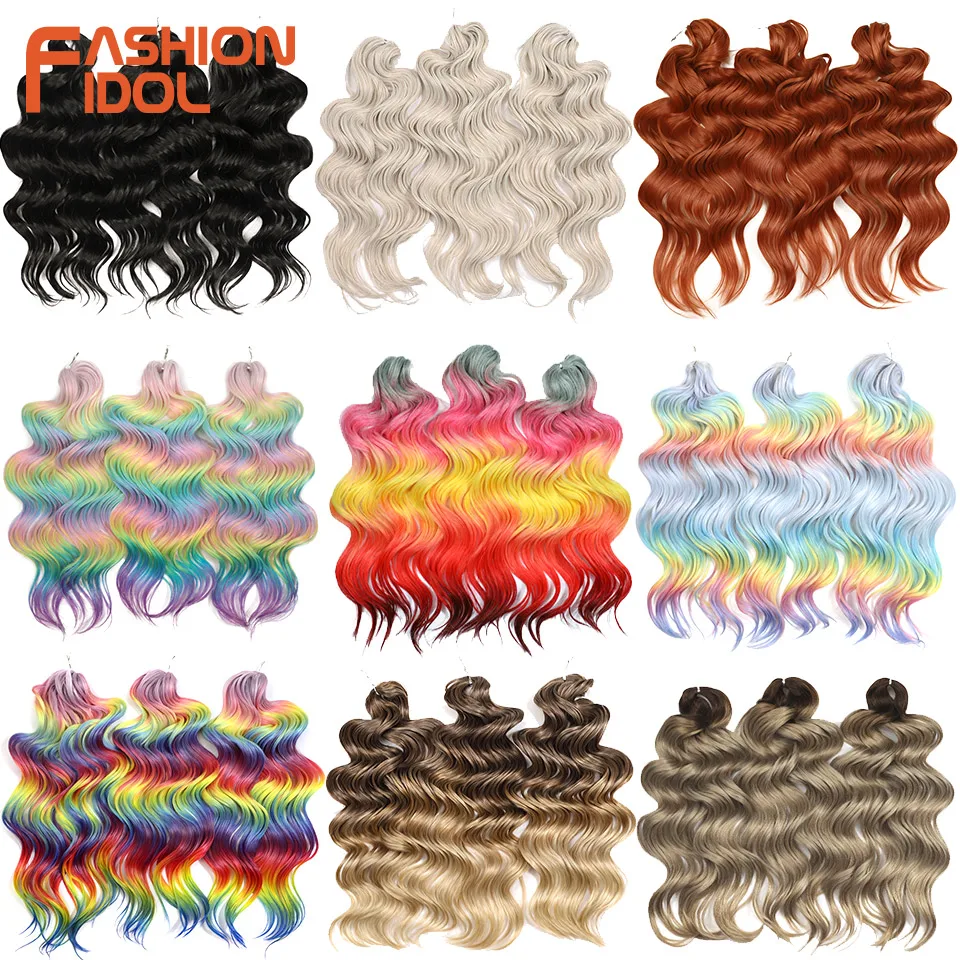 FASHION IDOL 24inch 300g/3pc Deep Wave Crochet Hair Synthetic Braiding Hair Extension Ombre Rainbow Color High Temperature Fiber