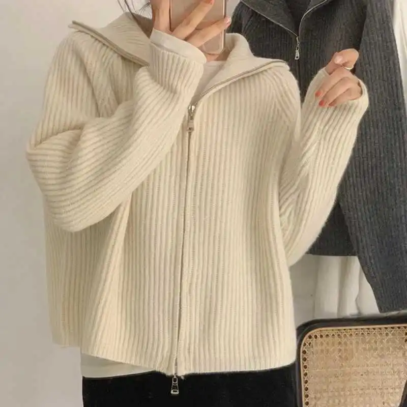 

Women'S Solid Color Knitting Coat Jacket Elegant Lapel Sweater Coat With Double Zipper Design For Women Commuting Style Outwear