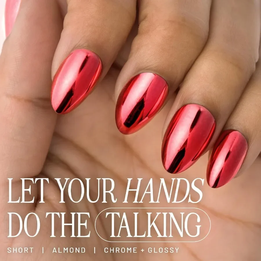 Prensa sobre uñas chapada en cereza con acabado cromado y brillante en forma corta de almendra 30 uñas 15 tamaños Incluye pegamento para uñas BrushOn N