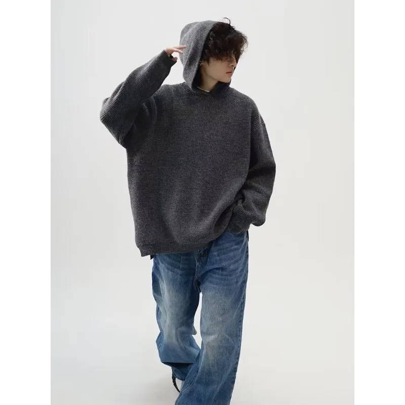 2026 Autumn Winter Simple Solid Color Knitted Men's Hoodie Tops Korean Fashion Casual Loose Hooded Sweatshirt Coats Streetwear