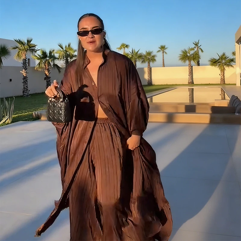 Lässiger brauner Oversize-Robe-Hosenanzug für Damen, einreihig, gestreift, elastische Taille, langes Hemd-Set, Sommerurlaub, Alltagsoutfit, Neu